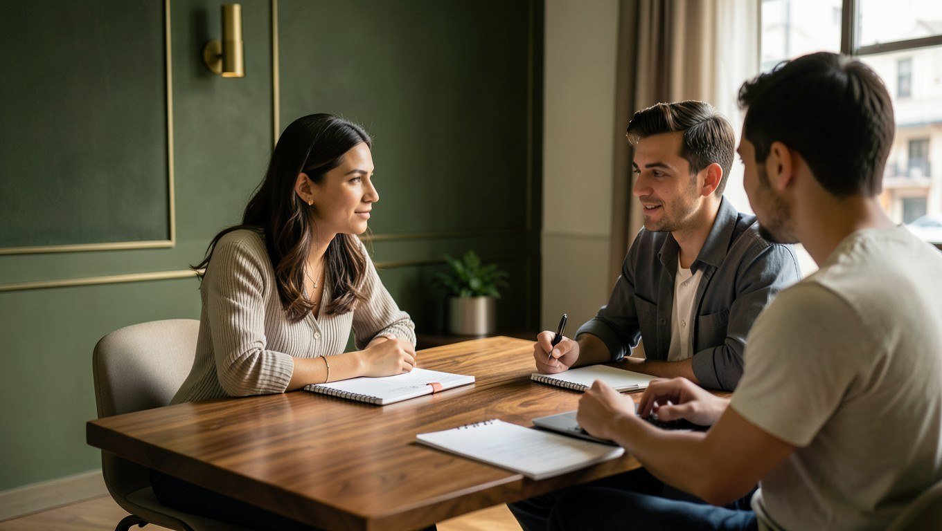 Asesora financiera conversa con emprendedores en una oficina de Bogotá